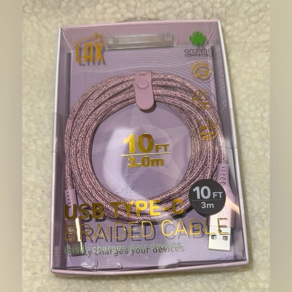 LAX Pink USB Type-C Braided Cable - 10ft, Android Compatible, NEW in Box